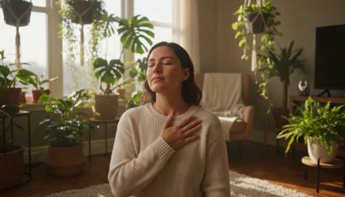 A serene, realistic portrait of a person closing their eyes and taking a deep, mindful breath in a sunlit room filled with indoor plants. Their hand is gently placed on their chest, symbolizing nervous system regulation, the pause of interception, and deep self-care. Soft, natural morning light, peaceful and healing atmosphere.