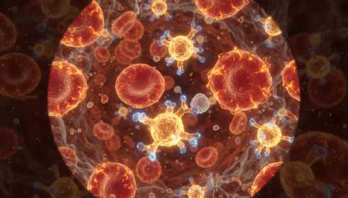 A close-up, high-tech 3D macro render of human cells in the bloodstream under stress. Glowing cortisol molecules and inflamed red blood cells with fiery, warm tones to represent chronic inflammation and biological stress. Highly detailed, scientific visualization, 8k resolution.