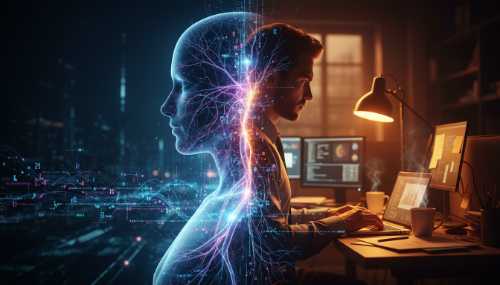 A hyper-realistic, conceptual image showing a divided human silhouette. One half is a glowing, complex network of nervous system fibers and biological data, while the other half is a modern, stressed professional in an office setting. Cinematic lighting, deep blues and warm oranges, conveying the profound mind-body connection.