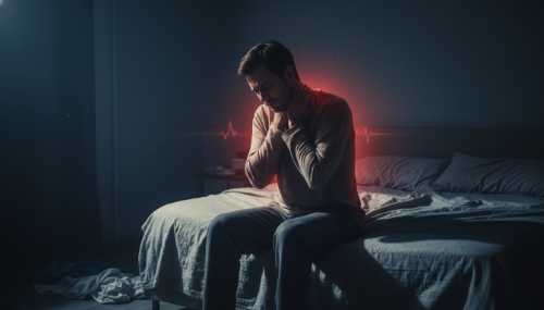 A photorealistic image of a person sitting on the edge of a bed in a dark room, holding their neck and shoulders in visible discomfort. A subtle, glowing red aura around the trapezius and lower back represents the heavy emotional burden and physical tension. Moody lighting, dramatic shadows, highly relatable and realistic.