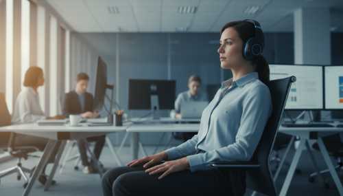 Photorealistic image of a professional sitting in a modern office chair with perfect straight posture, hands resting on thighs, completely immobile. They are wearing large noise-canceling headphones with their eyes open but looking softly into the middle distance. The background is a slightly blurred, bustling high-tech office environment, emphasizing their total sensory isolation and mental reset. Soft natural window light.