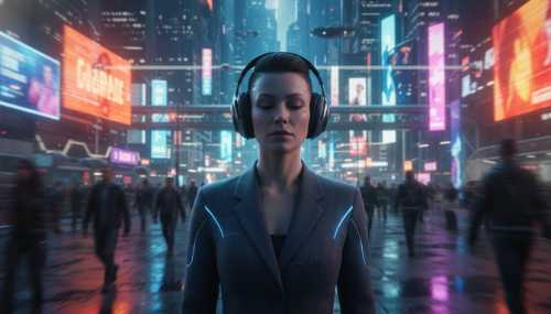 Photorealistic cinematic portrait of a modern professional standing completely calm and serene in the middle of a blurry, hyper-fast moving crowd in a futuristic 2026 city. They are wearing sleek noise-canceling headphones. Cool blue lighting on their face representing mental clarity contrasting with warm chaotic neon lights in the background. Highly detailed, 8k resolution, biohacking aesthetic.