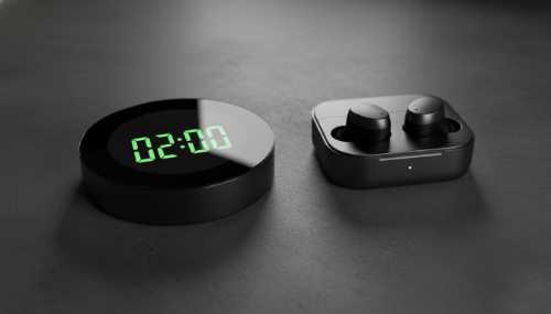 Photorealistic close-up of a high-tech sleek digital timer or smartwatch showing exactly 02:00 minutes resting on a minimalist dark concrete desk next to high-end noise-canceling earbuds. Dramatic, moody lighting with sharp focus on the glowing numbers of the timer, conveying a sense of calculated biohacking, discipline, and intentional sensory deprivation.