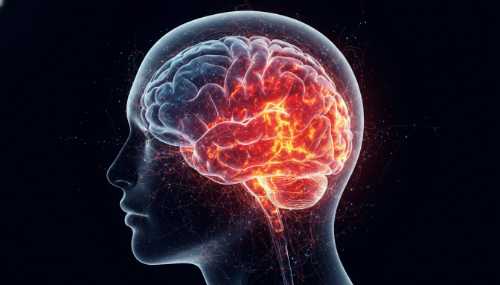 Photorealistic medical conceptual visualization of a human brain inside a translucent head. The prefrontal cortex is dimmed in cool tones while the amygdala and limbic system glow in intense fiery red and orange, symbolizing a 'brain on fire' from noise pollution and cognitive overload. Dark background, hyper-detailed neural pathways, high-end scientific visualization.