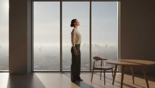 Photorealistic lifestyle shot of a focused, energized professional standing by a large floor-to-ceiling window looking over a serene cityscape at dawn. They look calm, completely present, and resilient, taking a deep breath. Clean, minimalist interior design, morning sunlight casting soft geometric shadows on the floor, conveying ultimate cognitive clarity and a quiet, powerful state of mind. 8k, highly detailed.