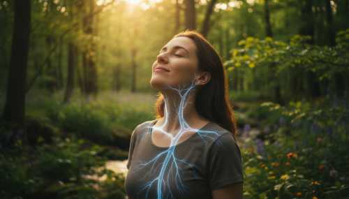 A serene, photorealistic portrait of a person deeply relaxed in a peaceful natural setting, eyes gently closed, taking a deep breath. A subtle, glowing, artistic overlay shows the pathway of the vagus nerve from the brainstem down to the chest. Warm golden hour sunlight filtering through leaves, evoking profound biological safety and healing.