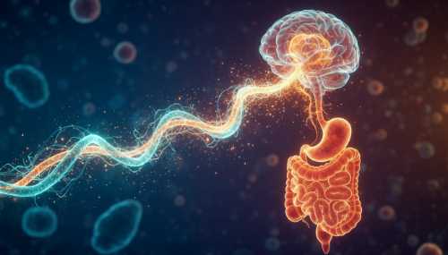 An artistic, highly detailed, photorealistic 3D medical render showing a glowing, ethereal nerve pathway connecting a vibrant, healthy human digestive tract to the brain. Luminous neural sparks are traveling upwards along the vagus nerve, illuminated by cool teal and warm amber lighting to represent the gut-brain axis.