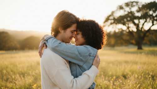 A beautifully lit, candid photorealistic image of two people sharing a genuine, warm, and prolonged embrace outdoors. Natural afternoon sunlight creates a halo effect around them, with a softly blurred background, evoking a deep sense of safety, emotional connection, and the biological release of oxytocin.
