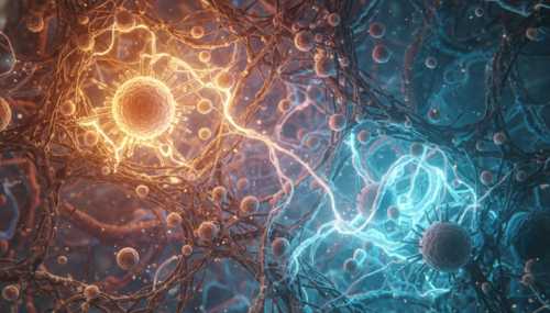 A highly detailed, dramatic microscopic view of immune cells navigating through a fibrous biological tissue environment, illuminated by contrasting warm and cool lights. The composition visualizes internal conflict and cellular confusion, representing autoimmune responses. Cinematic macro photography, 8k resolution.