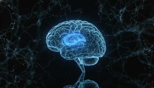 A hyper-realistic, elegant conceptual visualization of a human brain glowing with cool blue light in the prefrontal cortex, signifying calm and non-judgmental observation. The background is dark and sleek, with subtle fiber-optic style neural pathways. Scientific macro photography style, highly detailed.