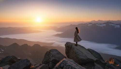 A highly photorealistic, cinematic image of a person standing on a high rocky viewpoint at sunrise, looking out calmly over a vast, misty mountain landscape. The composition emphasizes a wide, clear horizon, symbolizing mental clarity, pure observation, and the 'transparent eye' concept. 8k resolution, soft natural lighting, serene atmosphere.