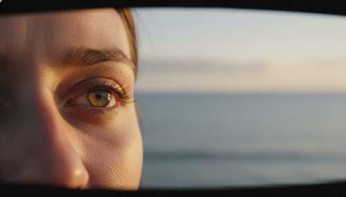 A close-up shot of a person's eyes gently gazing towards a wide ocean horizon. The focus is soft on the eyes, with the edges of the frame subtly blurred to simulate panoramic, peripheral vision. The lighting is warm and diffused, conveying safety and a relaxed nervous system. National Geographic style photography.
