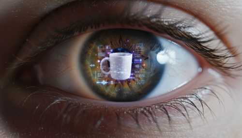A hyper-realistic extreme close-up of a human eye wide open in sharp focus. The reflection in the pupil shows a completely ordinary object (like a coffee cup), but overlaid with glowing digital data points, geometric wireframes, and raw sensory information. Cinematic lighting, macro photography, symbolizing the brain shifting from prediction mode to pure raw data processing.