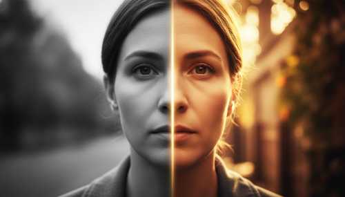 A photorealistic split-screen cinematic portrait of a person's face. On the left side, the background and environment are gray, blurry, and dull, representing habituation and anhedonia. On the right side, the environment is vibrant, highly textured, and glowing with warm, clear light, representing the awakening of perception (Ostranenie). Hyper-realistic, 8k resolution, striking visual contrast.