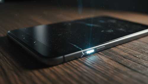 A photorealistic macro shot of a modern black smartphone resting on a textured wooden table, but framed to look like a mysterious alien artifact. The camera angle emphasizes the microscopic textures of the sleek black glass, the polished metal edges reflecting ambient light, and the subtle glow emitting from the device. Shallow depth of field, dramatic moody lighting highlighting its physical material properties over its function.