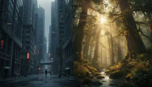 A breathtaking, photorealistic split-screen composition: on the left, a gloomy, claustrophobic urban environment made of cold grey concrete and glass; on the right, a vibrant, lush, ancient cedar forest bathed in glowing morning sunlight piercing through the mist. Cinematic lighting, highly detailed, visually representing the contrast between urban stress and forest healing.