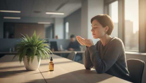 A peaceful photorealistic scene of a person in a modern, slightly dim corporate office sitting at their desk, eyes closed in a moment of deep zen and relaxation. They are cupping their hands near their face, deeply inhaling the scent of a therapeutic essential oil. A lush, healthy potted fern sits on the desk next to a small amber glass bottle. Soft, warm golden sunlight filters through the office window.