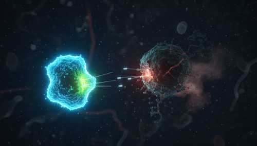 A highly detailed, photorealistic 3D microscopic render of a Natural Killer (NK) cell attacking an infected target cell. The NK cell is glowing with a bio-luminescent electric blue and neon green aura, injecting microscopic proteins (perforins) into the dark, mutating target cell. High-tech scientific visualization, deep field of view, electron microscope style.