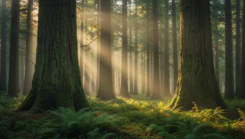 An awe-inspiring, ultra-realistic wide shot from inside a deep, pristine pine and cedar forest. Majestic ancient tree trunks rise towards the sky, covered in rich green moss. Dense ferns cover the forest floor. Thick, ethereal morning mist rolls through the trees, illuminated by dramatic god-rays of golden hour sunlight. The atmosphere is deeply grounding, therapeutic, and wild.