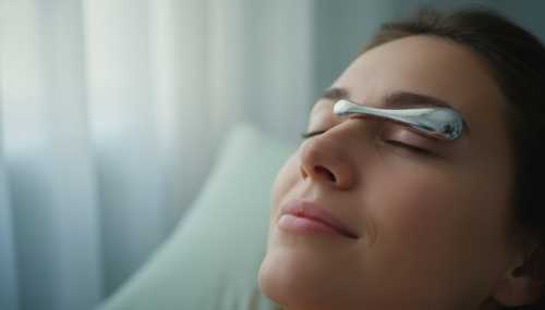 A close-up, serene portrait of a person gently pressing a sleek, metallic cooling wand against their closed eyelid. Soft, natural morning light filtering through a window, conveying a sense of relief, calm, and nervous system regulation. Crisp details, macro photography style, soothing pastel color palette.