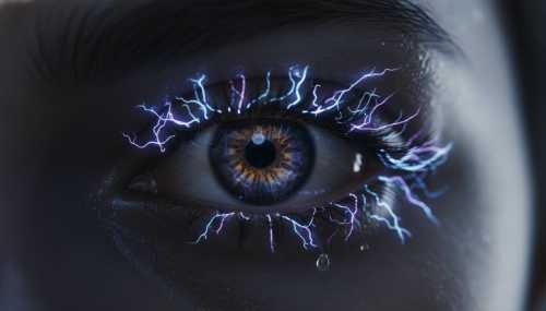 A conceptual, photorealistic close-up of a human eye with subtle, glowing ethereal electrical pathways superimposed around the eyelid area. High-end sci-fi biological aesthetic, dramatic lighting, moody and sleek, representing the human nervous system operating at high voltage and generating an involuntary twitch. 8k, highly detailed.