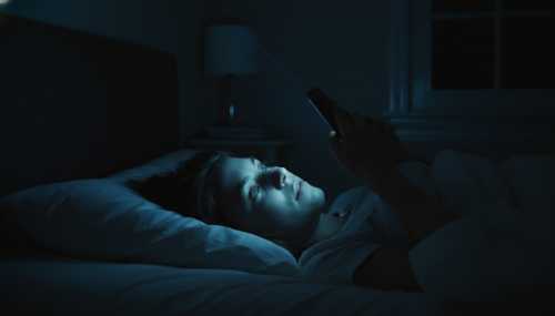 A person lying in bed in a completely dark room, their face illuminated intensely by the cold blue light of a smartphone held close to their eyes. The room is shadowy and quiet, contrasting with the harsh, artificial glare of the screen disrupting their sleep cycle. Photorealistic, cinematic blue hour lighting, 8k resolution.