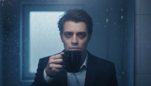 A photorealistic shot of an exhausted young professional looking into a bathroom mirror in the early morning. They are holding a large mug of black coffee. The lighting is dim and bluish, emphasizing dark circles under their eyes and a state of deep fatigue. Cinematic lighting, hyperrealistic, shallow depth of field.