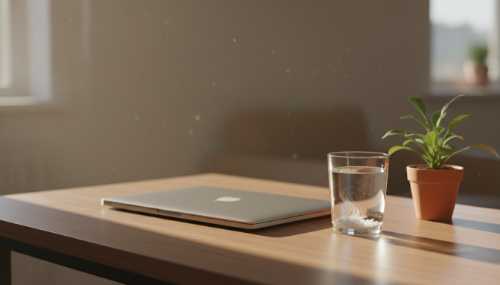 A calm, atmospheric scene of a wooden desk with a closed laptop, a glass of water with a pinch of sea salt, and a small potted green plant. Soft afternoon sunlight casts warm, relaxing shadows across the workspace, symbolizing digital detox, natural hydration, and nervous system recalibration. Photorealistic, high quality, tranquil aesthetic.