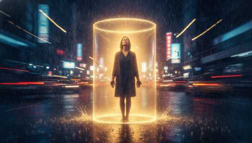 A photorealistic conceptual image of a person standing perfectly balanced and calm in the center of a chaotic environment. Around them is a blur of fast-moving city lights and dark rain, but exactly where they stand is a clear, invisible cylindrical shield illuminated by golden sunlight, symbolizing the 'Window of Tolerance' and biological equilibrium. Cinematic lighting.