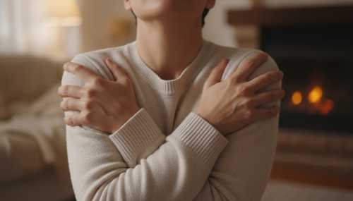 Close-up photorealistic shot of a person's hands firmly crossing their chest, gripping their opposite shoulders in a self-soothing, grounding gesture. The person is taking a deep breath with their eyes closed, showing a subtle sense of physical relief and grounding. Soft, warm indoor lighting, shallow depth of field, focused on the hands and chest.