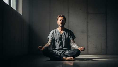 Photorealistic cinematic portrait of a rugged, authentic mindfulness teacher with tattoos, sitting calmly in a stark, dimly lit room with concrete walls. Soft natural light streams from a high window, illuminating his peaceful but grounded expression. High contrast, gritty yet serene atmosphere, 8k resolution, Leica lens.