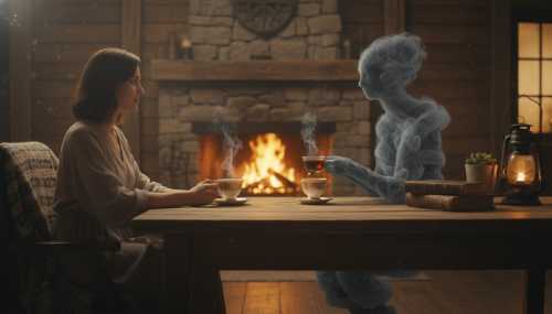 Surreal yet photorealistic conceptual storytelling image. A person sitting peacefully at a rustic wooden table drinking a cup of tea. Across from them sits a dark, shadowy, abstract figure made of thick smoke, representing fear. Both have elegant teacups. The atmosphere is strangely cozy and inviting, lit by a warm fireplace in the background.