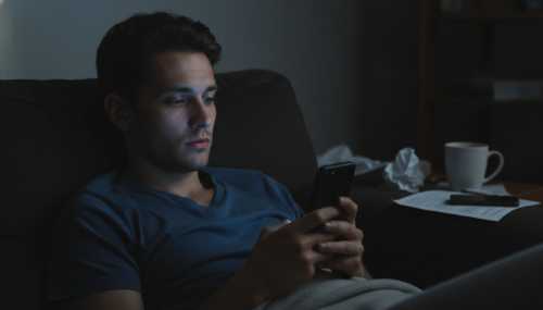 Plano medio de una persona joven con expresión de profundo agotamiento existencial y soledad, sentada en un sofá a oscuras de madrugada. Está iluminada únicamente por la fría luz azul de la pantalla de su móvil, reflejándose en sus ojos cansados. Atmósfera claustrofóbica y melancólica. Fotorealismo, texturas detalladas de fatiga en el rostro, iluminación dramática.