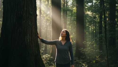 Un primer plano de una persona caminando lentamente por un bosque frondoso y antiguo. Rayos de luz solar matinal se filtran intensamente a través de las ramas altas (efecto Tyndall). La persona acaricia la corteza de un árbol con la mano, con los ojos cerrados y una expresión de alivio y regeneración total del sistema nervioso. Fotografía de naturaleza hiperrealista, colores verdes intensos, calidad National Geographic.