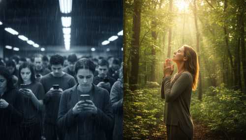 Fotografía conceptual dividida en dos mitades. Lado izquierdo: una multitud gris, borrosa y estresada mirando pantallas de teléfonos móviles bajo luces fluorescentes. Lado derecho: un individuo enfocado, de aspecto saludable, respirando con calma en un bosque vibrante iluminado por luz solar dorada. Contraste visual potente entre la alienación social y la salud biológica. Hiperrealista, iluminación cinematográfica, 8k.