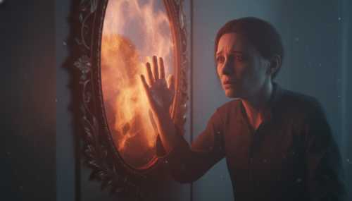 A photorealistic image of a person looking into a mirror, but their reflection is blurred and obscured by a thick, glowing, surreal mist, symbolizing the loss of reality and prefrontal cortex shutdown. Emotional depth, dramatic cinematic lighting, muted colors with a toxic warm glow, sharp focus on the person's hand touching the cold glass.