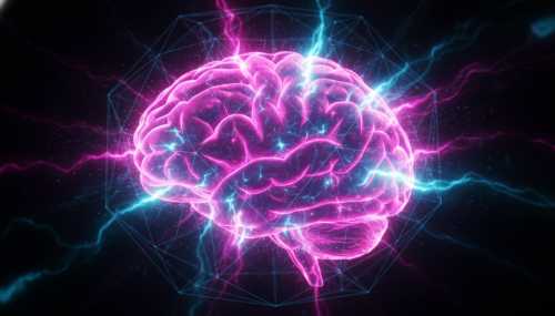Photorealistic representation of a human brain glowing with intense, almost overwhelming neon pink and blue lights, symbolizing a neurochemical hack or dopamine overload. The brain is subtly enclosed in a glowing digital wireframe cage. High contrast, dramatic cinematic lighting, dark background, macro photography, 8k resolution, hyper-detailed.