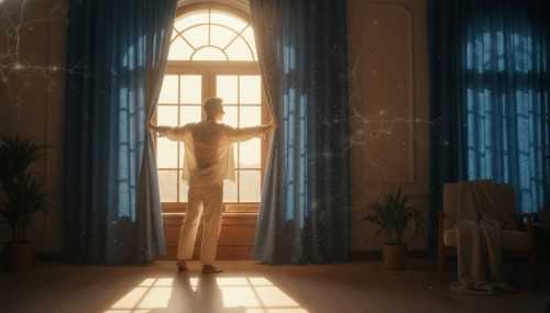 Photorealistic image of a person standing by a large window, opening heavy curtains to let bright, warm morning sunlight flood the room. The scene conveys relief, healing, and mental clarity, representing neuroplasticity and reclaimed autonomy. Soft, natural lighting, dust motes dancing in the light rays, optimistic and peaceful atmosphere, extremely detailed, 8k.