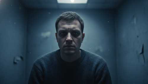 A photorealistic portrait of a person sitting alone in a dimly lit, cold room, looking emotionally exhausted and staring empty into the void. This symbolizes the cortisol crash and neurochemical withdrawal. Blue and grey color palette, harsh dramatic shadows, highly detailed facial expressions showing fatigue and brain fog, 35mm lens, award-winning photography.