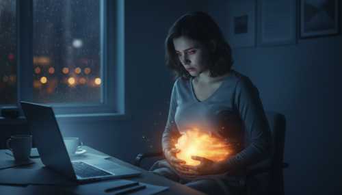 A cinematic, highly detailed photorealistic image of a stressed woman looking exhausted in front of a glowing laptop at night, gently holding her visibly bloated stomach. A subtle, artistic overlay of glowing warm light radiating from her abdomen, symbolizing cortisol and inflammation. High quality, dramatic lighting, 8k resolution.
