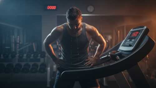 Photorealistic image of an athletic person looking completely burnt out and overwhelmed while resting on a treadmill in an intense, moody gym setting. Sweat dripping, a look of deep fatigue and frustration on their face, hands on their hips, capturing the negative biological effects of overtraining and high cortisol. High contrast, cinematic lighting, depth of field.