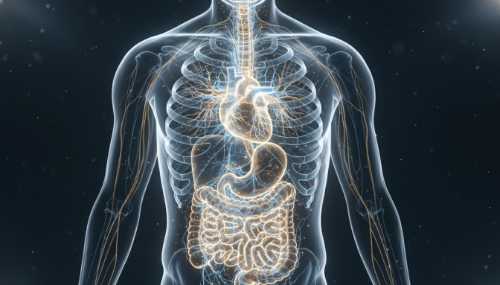 A stunning, highly detailed photorealistic visualization of the human torso showing a conceptual, glowing connection between the brain and the gut, representing the vagus nerve. Soft, bioluminescent blue and gold light flowing down the nervous system, symbolizing healing, parasympathetic activation, and a healthy microbiome. Medical yet beautiful and cinematic, 8k.