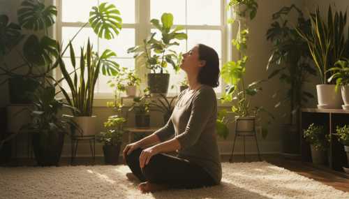 Photorealistic image of a serene individual sitting comfortably on a soft rug in a sun-drenched room filled with green indoor plants. They have a beautifully relaxed posture, eyes closed, visibly exhaling a deep sigh of relief, perfectly demonstrating emotional and somatic release. Warm, inviting natural light, representing health, boundaries, and inner peace, 8k.
