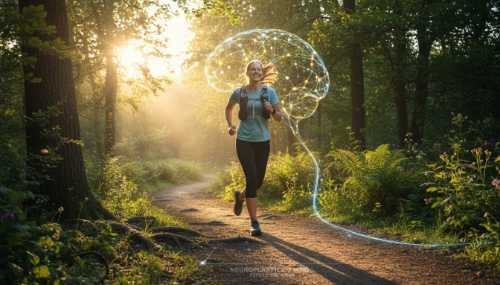 A photorealistic, uplifting image of a person jogging confidently on a scenic nature trail during a beautiful sunrise. Warm golden hour lighting, lush green surroundings, symbolizing neuroplasticity, brain healing, and the biological rebuilding of the mind through exercise and healthy habits.