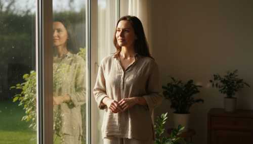 A serene, photorealistic portrait of a person standing calmly by a large window, bathed in clear, natural morning sunlight. The expression is peaceful, grounded, and empowered, representing mental clarity, physical recovery, and the reclaiming of cognitive sovereignty after a period of toxicity.