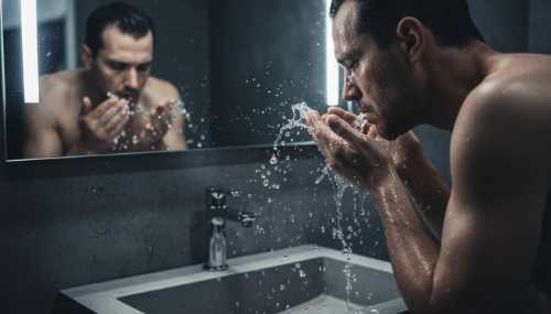 Fotografía fotorrealista y emocional de una persona frente al espejo del baño, echándose agua fría en el rostro con una expresión de fatiga acumulada. Texturas hiperrealistas, alto contraste, reflejando el peaje físico del estrés crónico en el cuerpo.