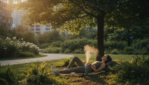 Fotografía editorial de un entorno urbano verde. Una persona moderna descansa tranquilamente bajo un gran árbol de hojas verdes brillantes en un parque de la ciudad, practicando 'baño de bosque'. Rayos de sol cálido se filtran a través del follaje (efecto lens flare), transmitiendo una atmósfera de biohacking natural, calma y reparación biológica.