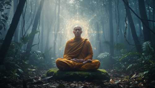 Fotografía fotorrealista de un monje de la Tradición del Bosque meditando en una selva húmeda y neblinosa. Alrededor de su cabeza se forma una sutil y brillante red neuronal holográfica en tonos dorados y azules, simbolizando la máxima complejidad y la criticalidad neural. Iluminación cinematográfica, alto contraste, hiperdetallado, 8k.