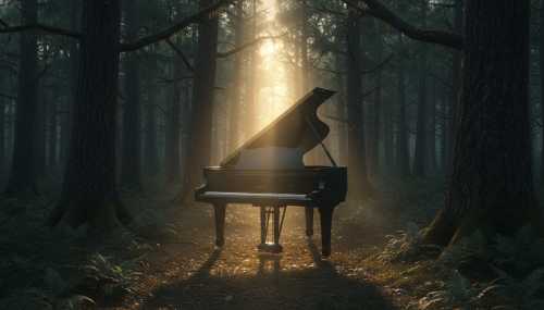 Fotografía conceptual y majestuosa de un elegante piano de cola negro situado en medio de un sereno bosque al atardecer. Un hermoso rayo de luz etérea atraviesa la copa de los árboles e ilumina perfectamente las teclas blancas y negras del piano. Simboliza la armonía perfecta de una mente flexible tocando todas las 'teclas' de sus emociones y pensamientos.