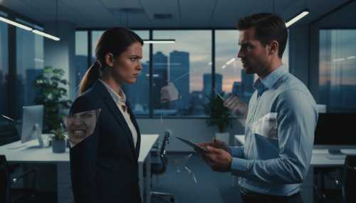 Un plano cinematográfico fotorrealista de dos personas en un entorno de oficina moderno. Una persona mira con intensa irritación a su colega. Un sutil efecto visual de reflejo en un cristal o patrón de sombras superpuesto muestra que la persona irritada está proyectando su propia agresividad e inseguridades sobre el otro. Atmósfera tensa y corporativa.
